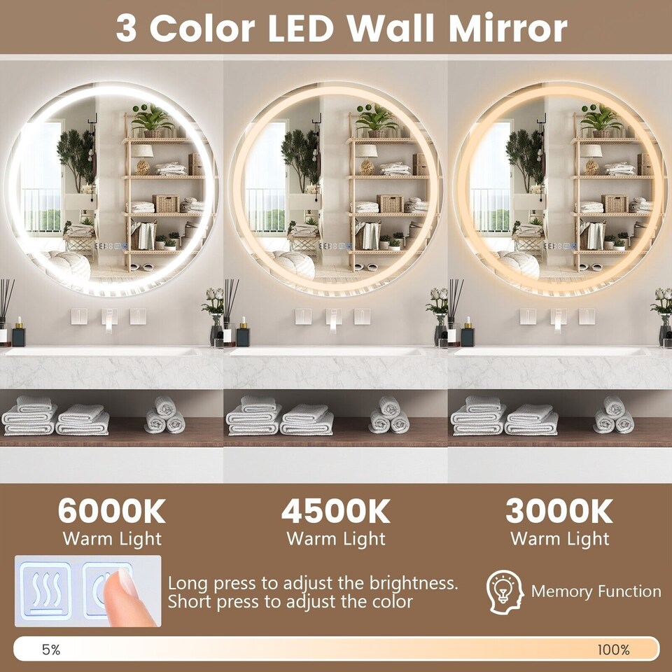 image 1 of COSTWAY 80 x 80cm LED Bathroom Mirror Wall Mounted Round Mirror