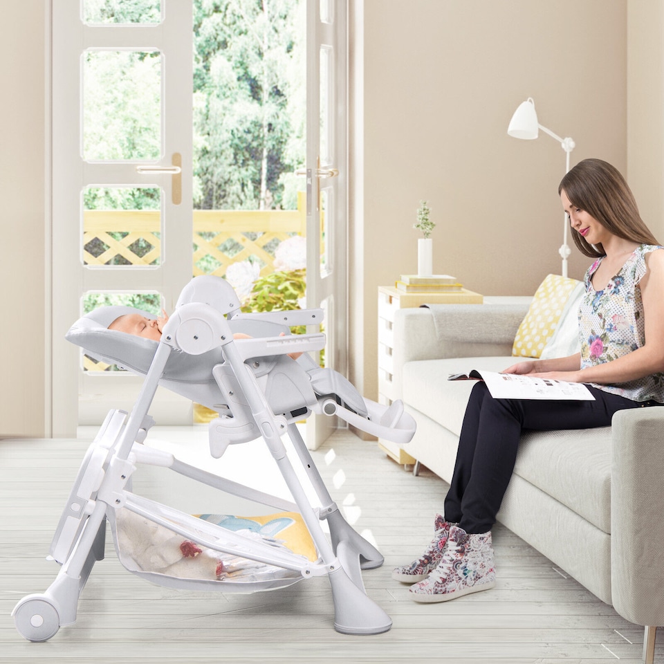 image 1 of COSTWAY Folding Baby High Chair Convertible Dining Chair Portable Highchair-Grey