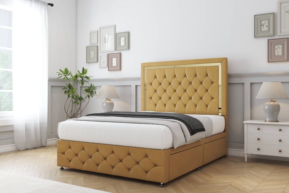 image 1 of Sloomy Sofia Gold Mustard Plush Divan Bed Base 4 Drawers With 54 Inch Floor Standing Headboard & 12 Inch Matching Footboard | Gold | Mustard | Super King | 1