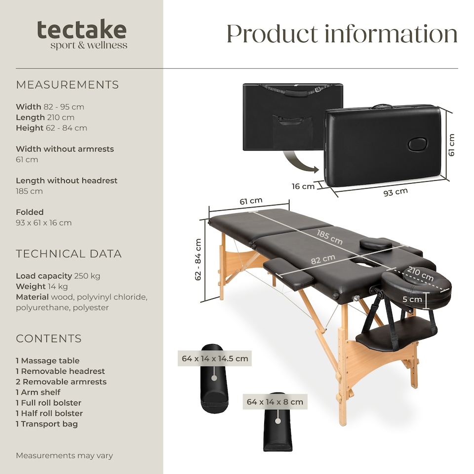 image 1 of Massage Table - 2-zones with wooden frame, bolsters, carry bag, head and armrests | Black | black | 1