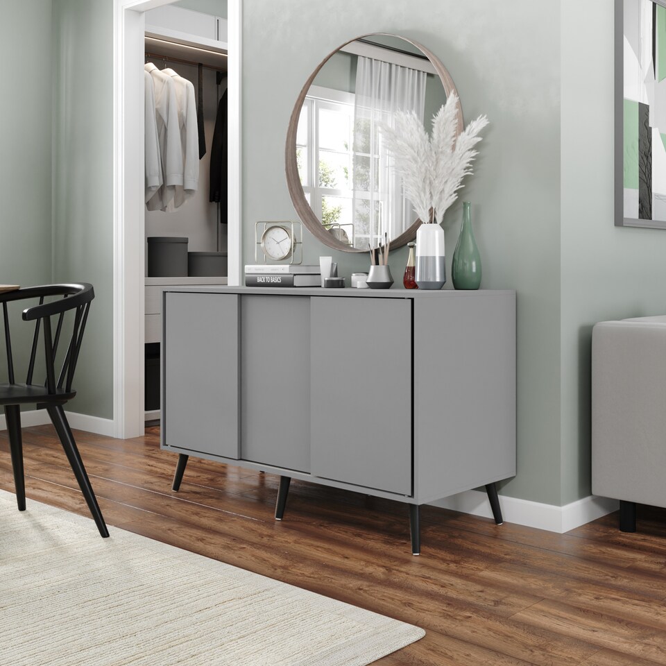 image 1 of URBNLIVING Grey Carcass 3 Door Sliding Storage Cabinet | Multi | Grey Doors & Black Legs | 1