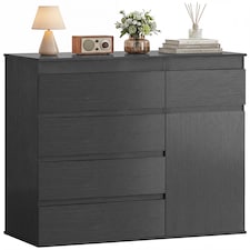 HOMCOM Sideboard Storage Cabinet, Kitchen Cupboard with 5 Drawers | Black | Black embossed