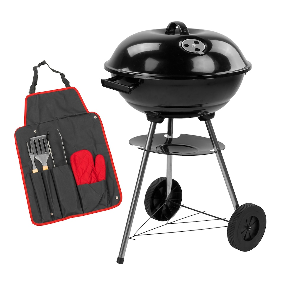 KCT Compact Kettle BBQ with Tool Set, Round Portable Barbecue with Lid & Wheels For Outdoor Cooking