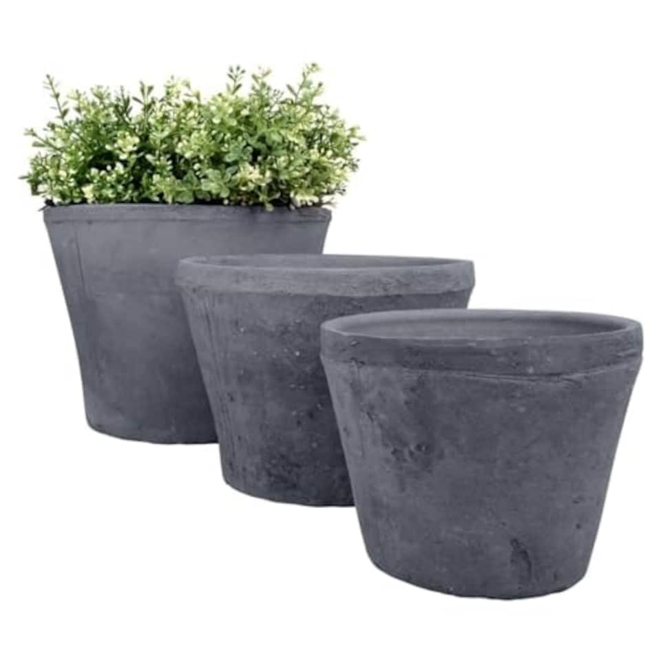 Grey Terracotta Large Pot Round (Set Of 3) Black