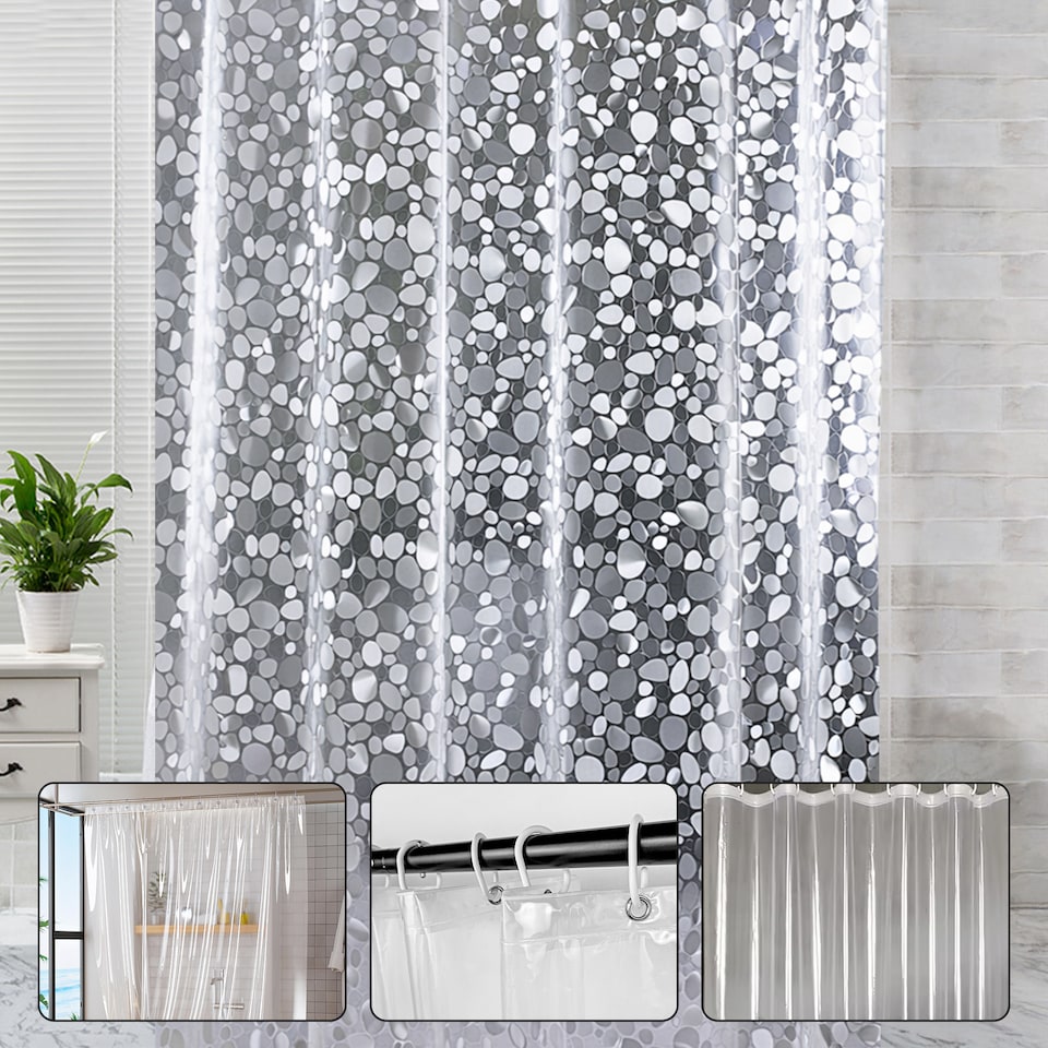 image 1 of PEVA Transparent Waterproof Shower Curtain with 12 Hooks - 180x200cm