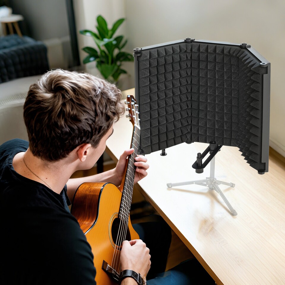 image 1 of HOMCOM Studio Microphone Isolation Shield, Foldable Adjustable Recording Studio Equipment, 3-Panel High Density Absorbent Foam Shield with Threaded Mount, Black