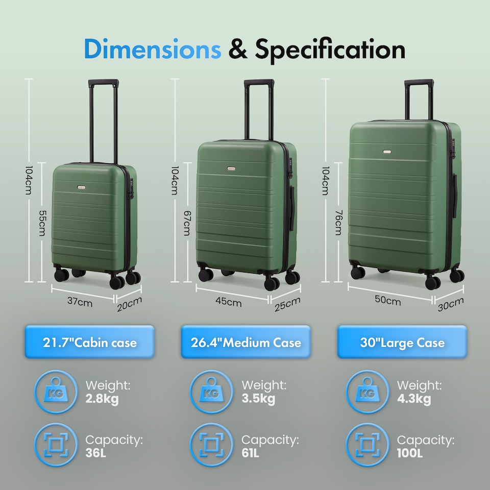 image 1 of Vonhaus Hard Shell Suitcase Set 3 Piece with TSA Lock | Green | Green