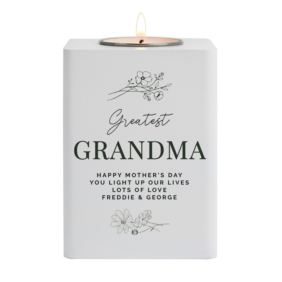 image 1 of Personalised Floral White Wooden Tea light Holder White