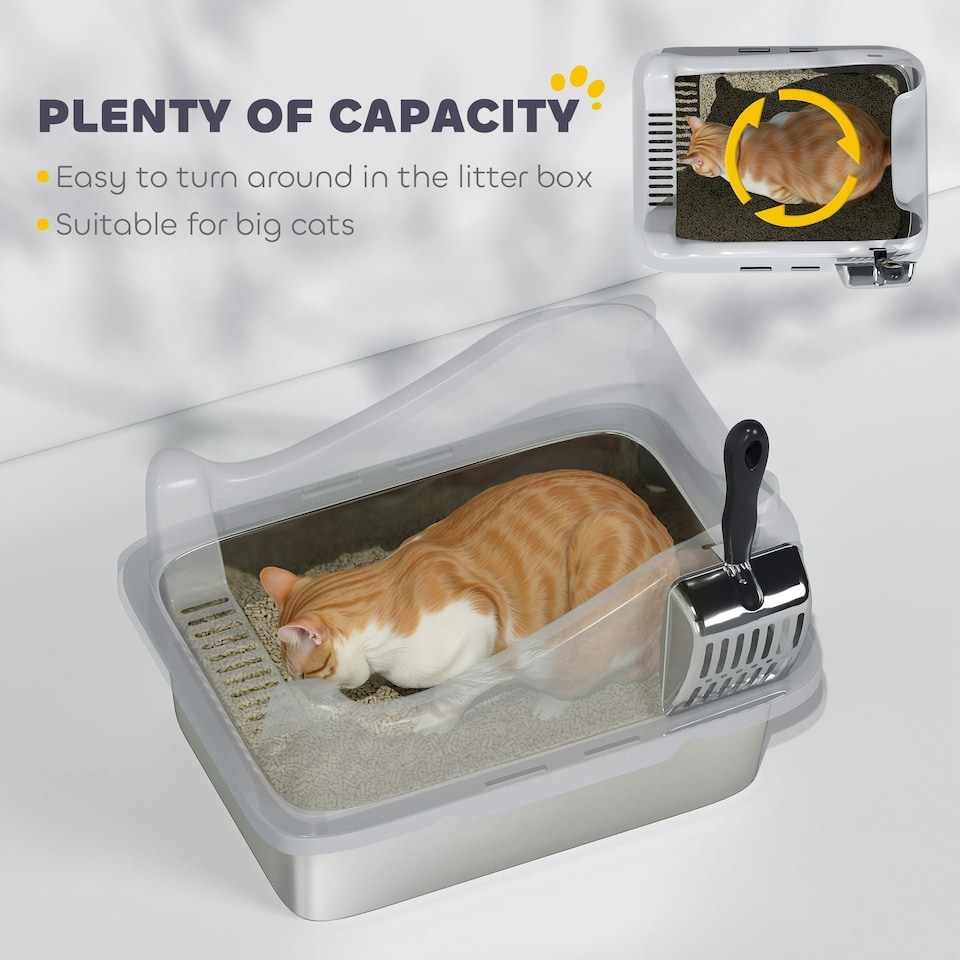 image 1 of PawHut Stainless Steel Cat Litter Box with High Sides Grey | M