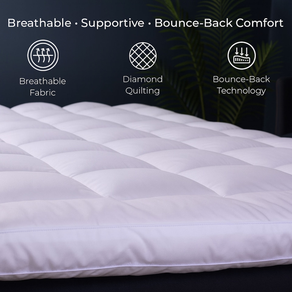 image 1 of Neo Mattress Topper Soft Memory Foam Plush Bounce Fibre Breathable Diamond Quilted Fabric Elastic Anti Slip Corner Straps Secure Fit All UK Bed Sizes | White | White | Small Double | 1