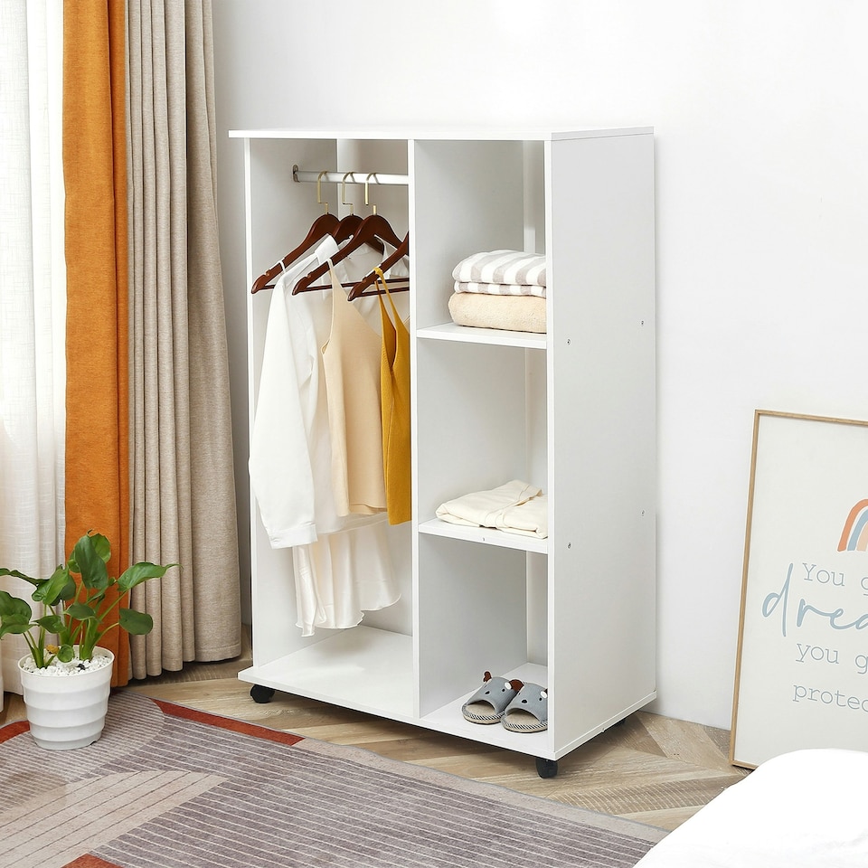 image 1 of HOMCOM Rolling Open Wardrobe Hanging Rail Storage Shelves for Clothes