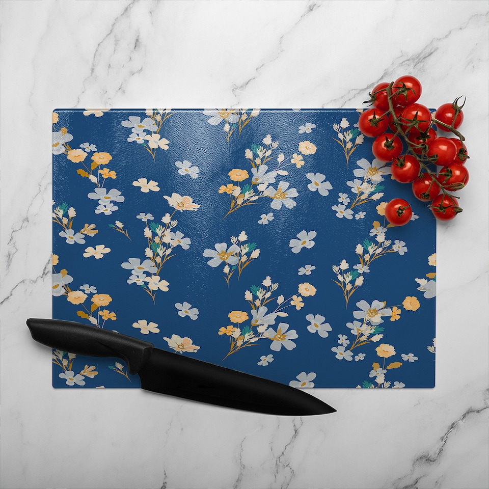 image 1 of Blue & Yellow Bunches Glass Chopping Board | Multi