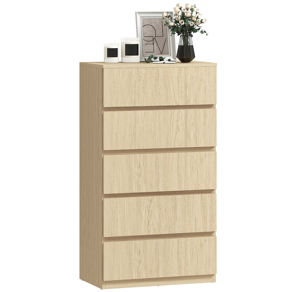 image 1 of HOMCOM Bedroom Chest of Drawers, 5 Drawers Dresser, Drawer Unit | Brown | Natural Wood | 55W x 34D x 100H cm