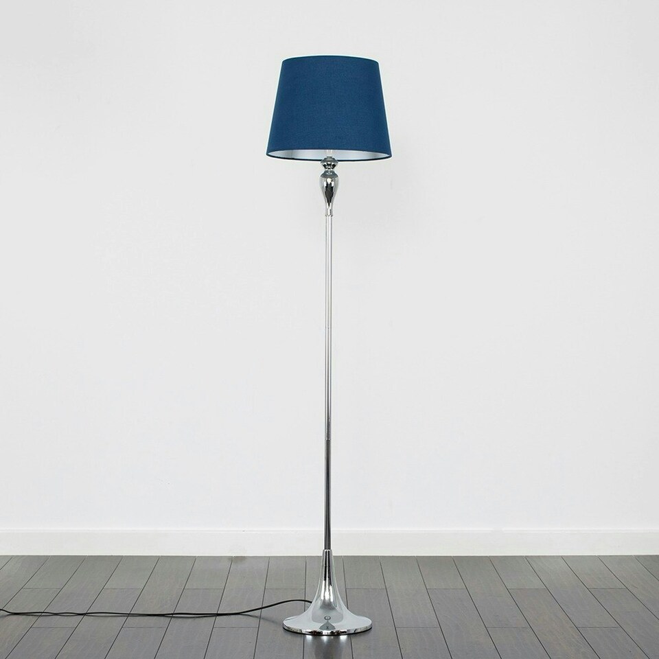 image 1 of ValueLights Modern Polished Chrome Spindle Design Floor Lamp With Navy Blue Shade