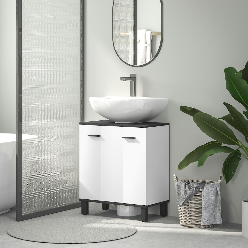 image 1 of HOMCOM Bathroom Under Sink Cabinet with Adjustable Shelf High Gloss White