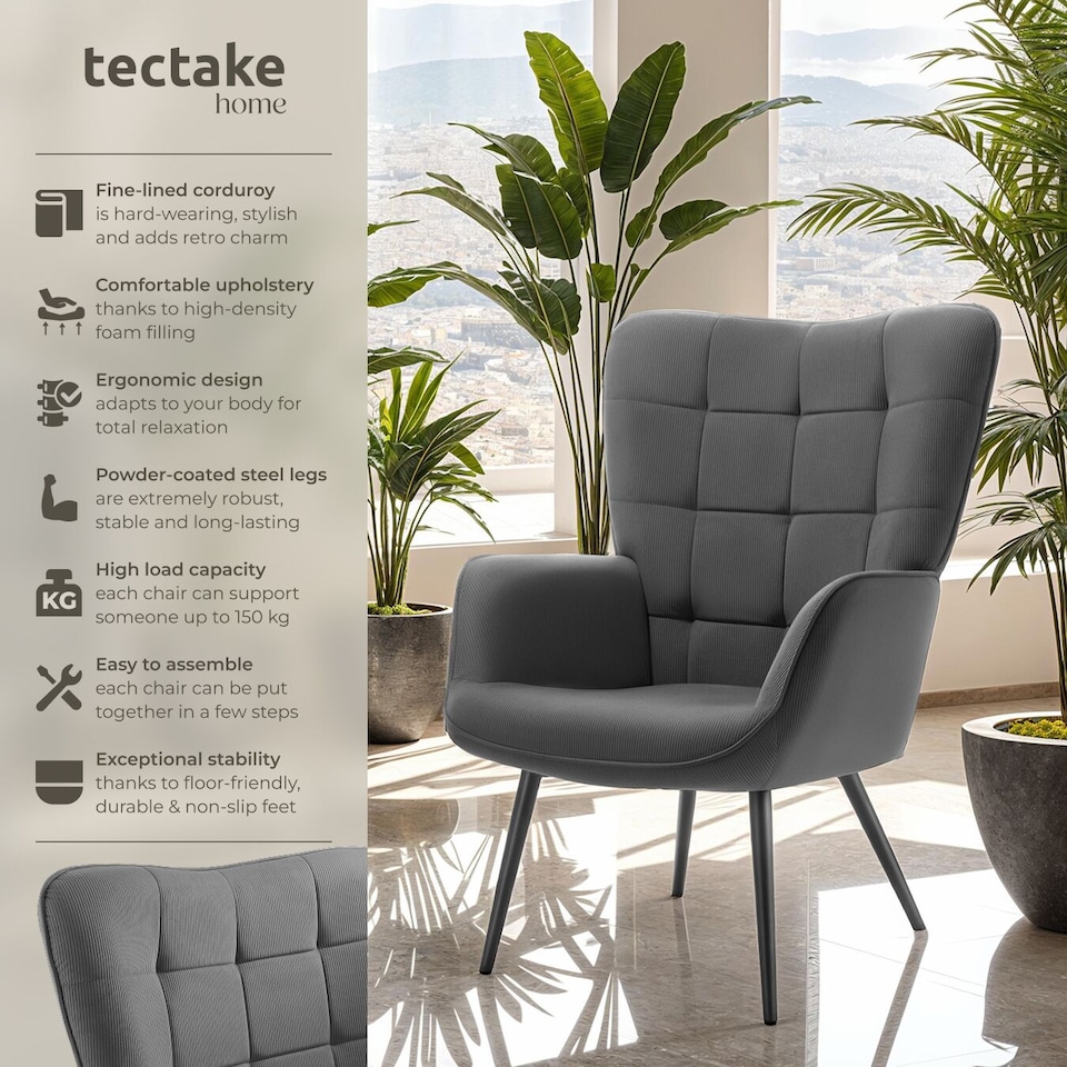 image 1 of Armchair Hygge - padded, armrests and ergonomic backrest, 150 kg load capacity | Grey | Fine cord anthracite/black | One Size | 1