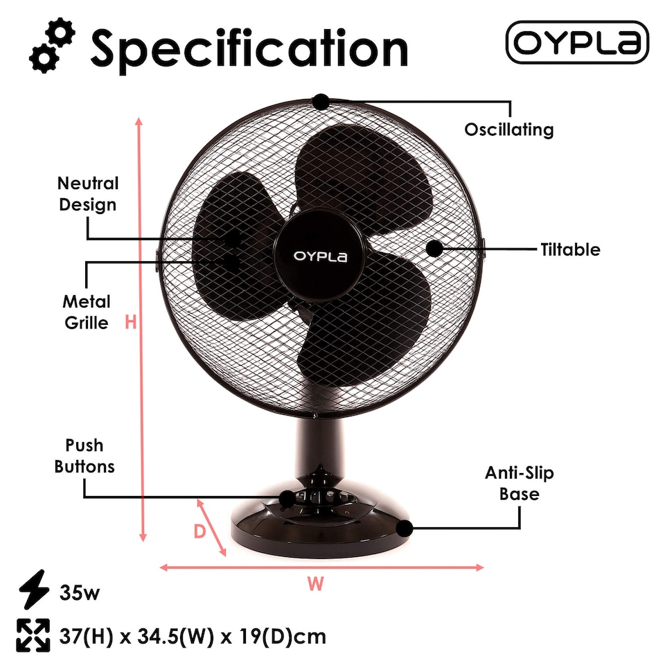 image 1 of 12 Inch 3 Speed Oscillating Black Electric Desk Home Office Fan