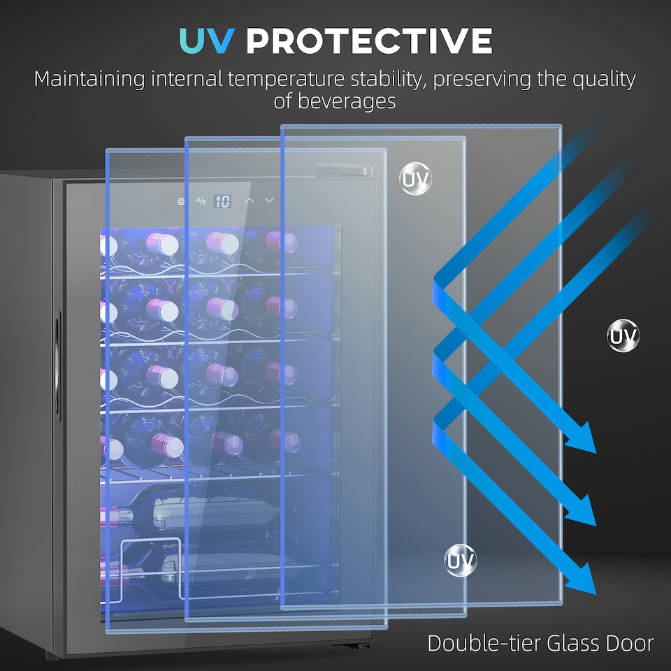 image 1 of HOMCOM 53L Wine Cooler, 20 Bottles, 5-18℃ Freestanding Wine Fridge with Glass Door, LED Light, Temperature Control and Digital Touch Screen, Black