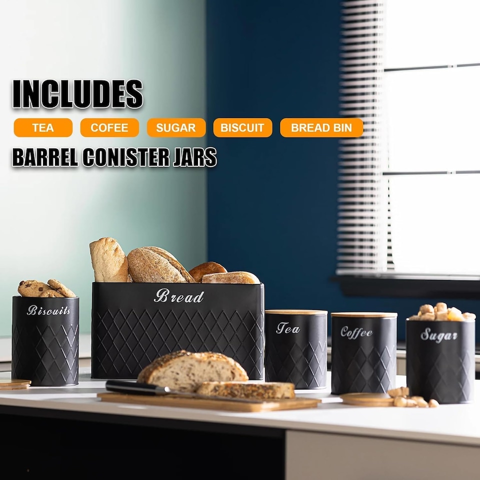 image 1 of 6Pcs Kitchen Storage Canister Jars with Can Opener Airtight Bamboo Lid Tea Coffee Sugar Bread Tins Set