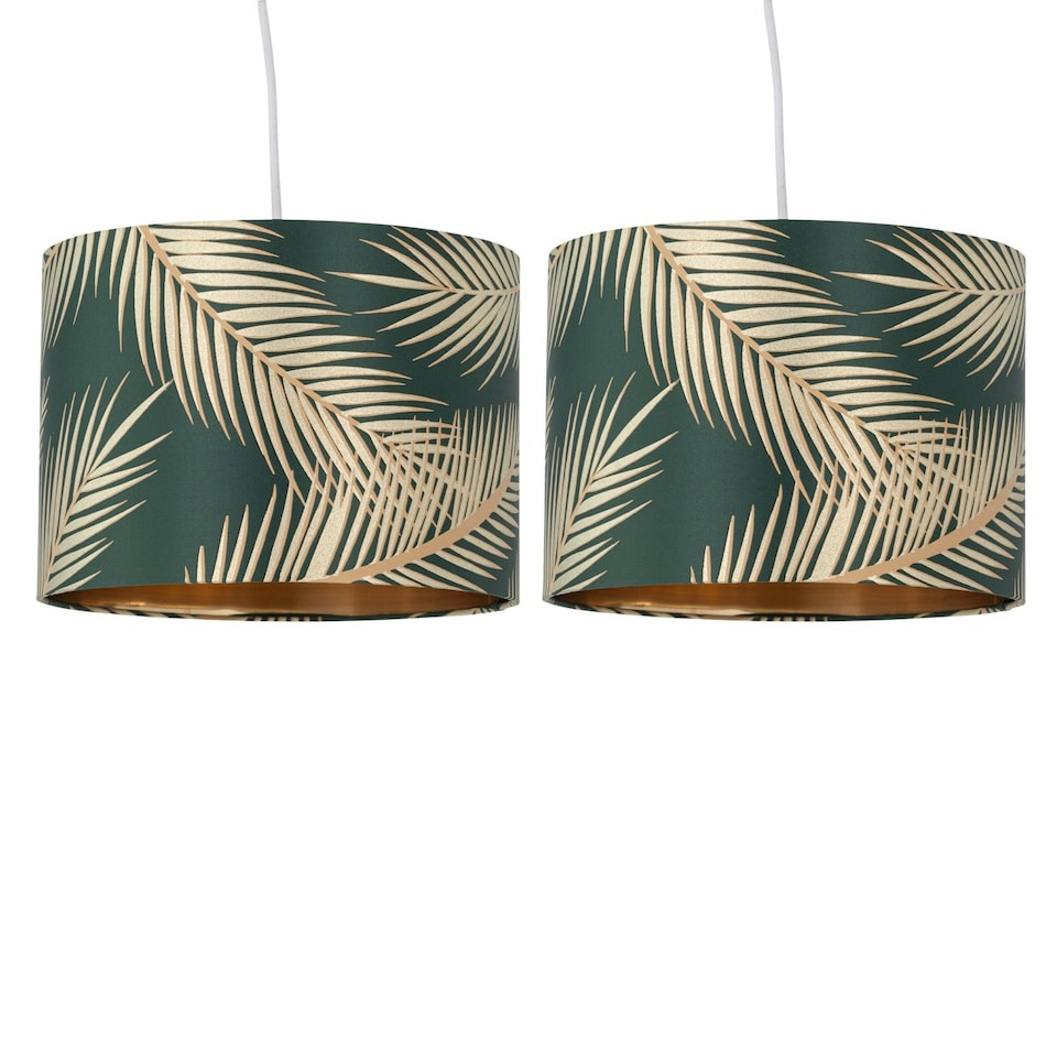 image 1 of First Choice Lighting Set of 2 Tropica Dark Green with Gold Embossed Leaf Detail 30cm Pendant Shades Green