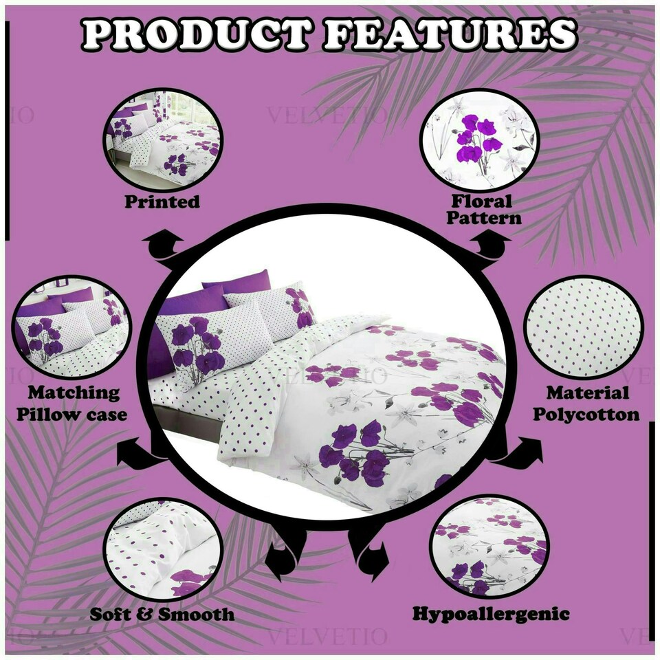 image 1 of VELVETIO Poppy Flower Duvet Cover Set Reversible Polycotton Easy Care Beddings Purple | Aubergine | Super King