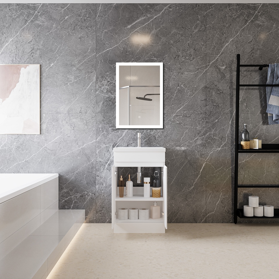 image 1 of AICA 500mm Gloss White Bathroom Vanity Unit With Basin Double Door Floor Standing Design Flat Packed