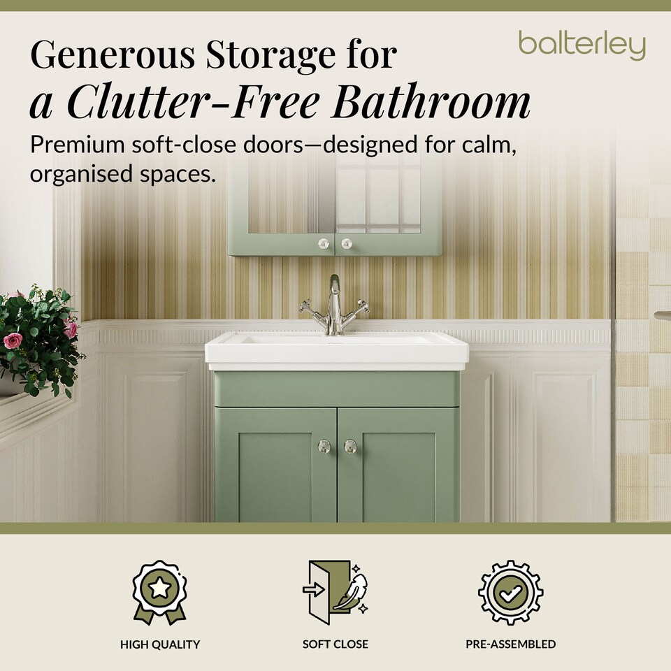 image 1 of Balterley Classic Traditional Bathroom Floor Standing 2-Door Vanity Unit & Fireclay Basin | Green | Satin Green