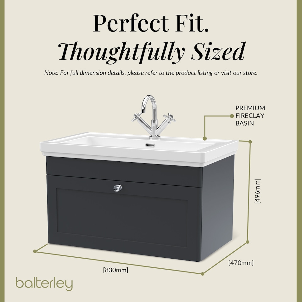image 1 of Bathroom Wall Hung 1-Drawer Vanity Unit & Fireclay Basin, Grey, 800mm | Grey | Dark Grey | 470 x 830 x 496mm