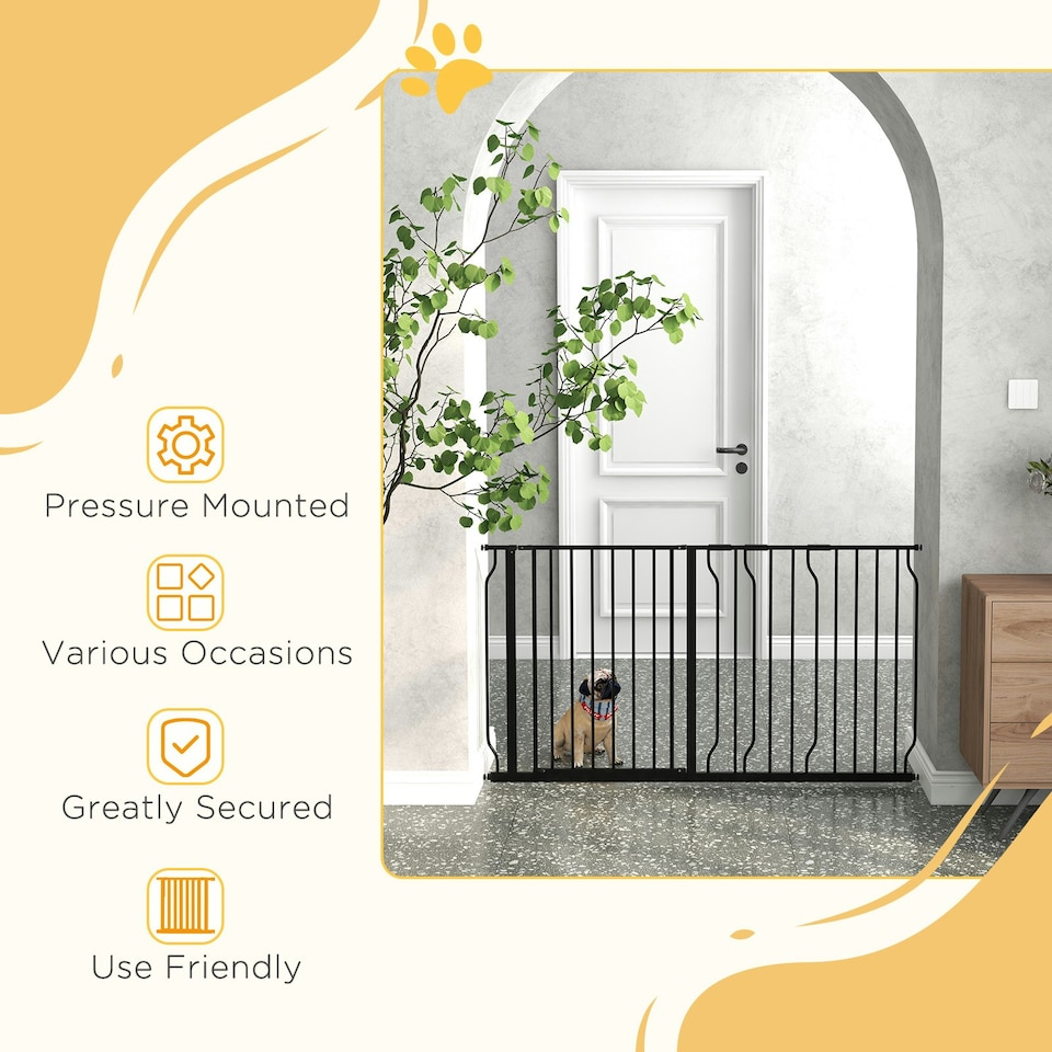 image 1 of PawHut Dog Gate Wide Stair Gate w/ Door Pressure Fit, 75-145W cm, Black