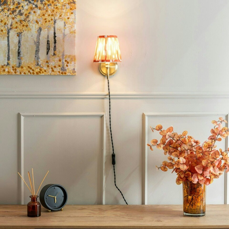 image 1 of ValueLights Neely Plug in Antique Brass Wall Light with Orange Pleated Shade