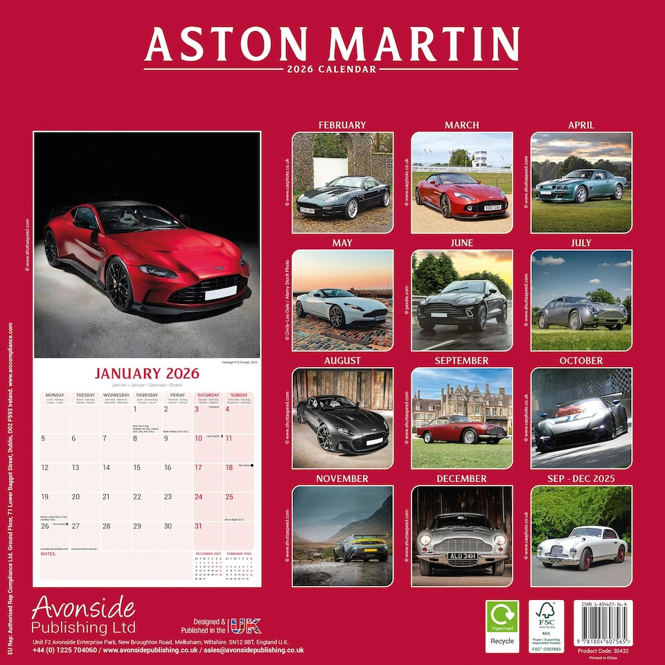 image 1 of Aston Martin 2026 Calendar | Square Wall Calendar | Car Enthusiast Gift | Plastic Free Packaging | by Avonside Publishing
