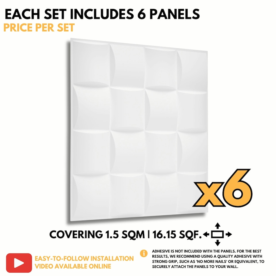 image 1 of NOVECRAFTO Lattice Effect 3D Wall Panels – 6 Sheets Covering 1.5m² | 16.15ft² Interior Cladding Set | Square Grid Design – Each Panel 50x50cm | Grey