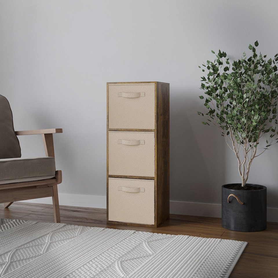 image 1 of 3-Tier Cube Shelving Unit with Inserts | Brown | Rustic Brown & Beige | 1