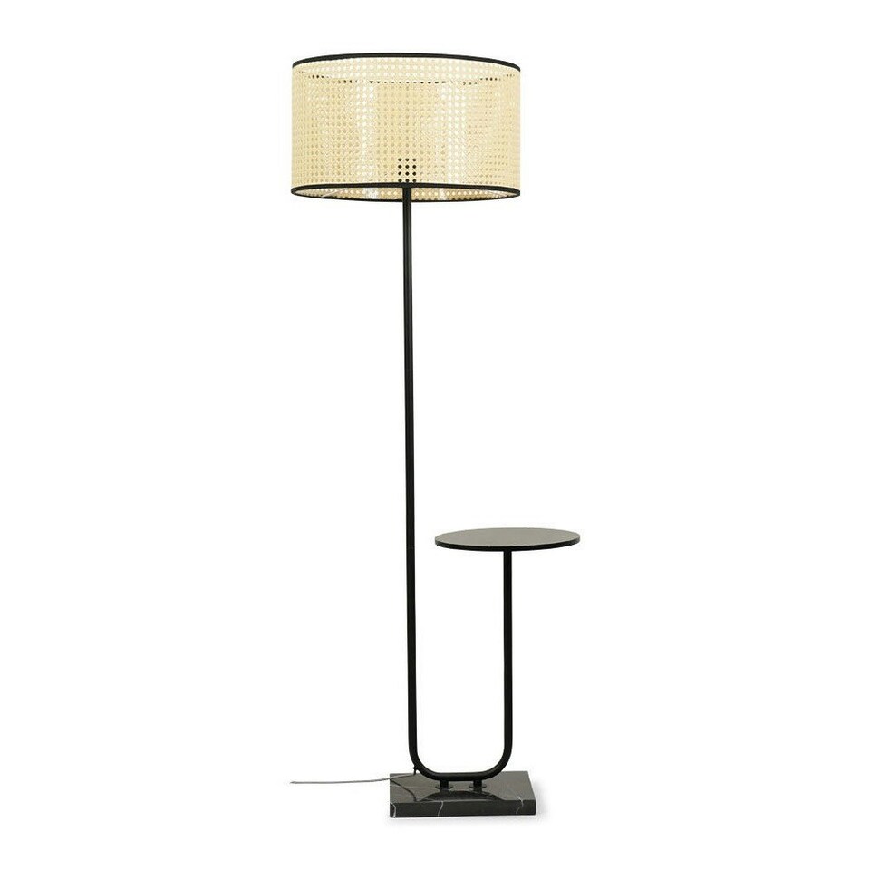 image 1 of ValueLights Tavel Matte Black Floor Lamp with Large Natural Drum Shade and LED Bulb