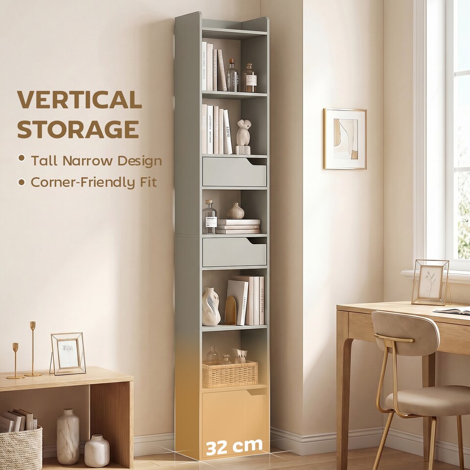 image 1 of HOMCOM Bookcase Tall Narrow with 5 Tiers Drawers