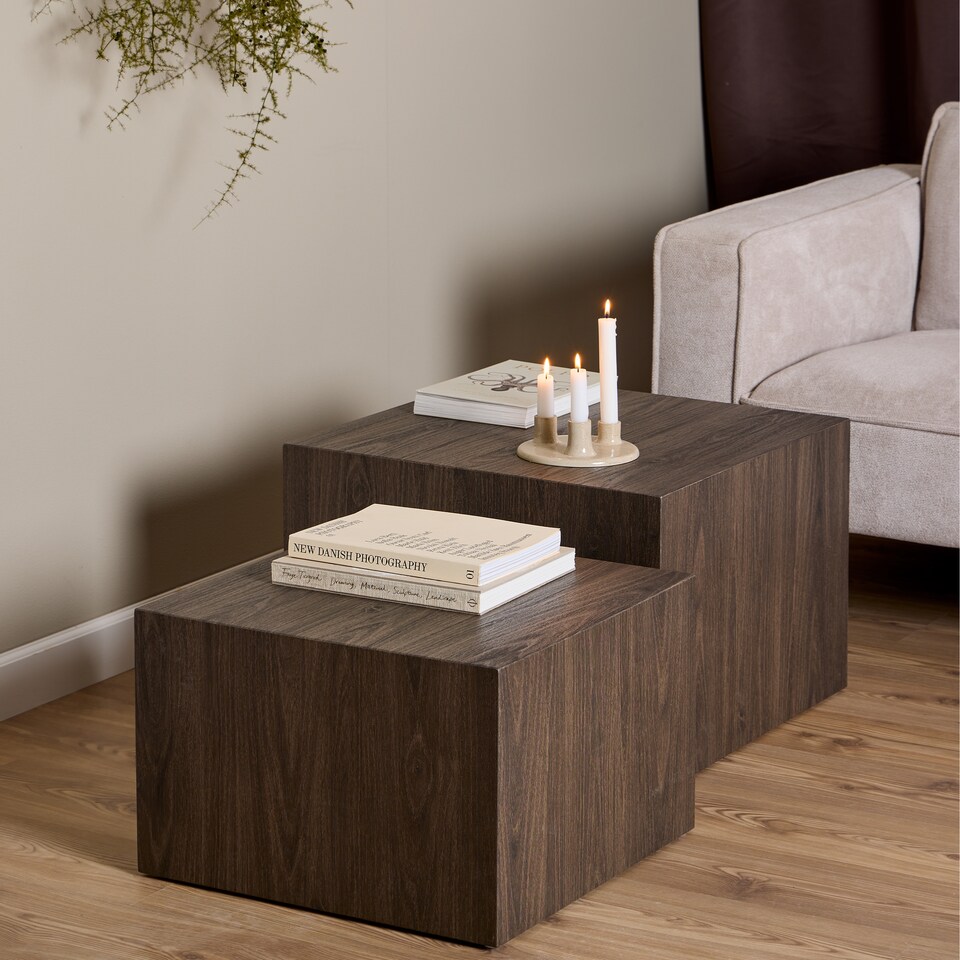 image 1 of Dice Square Coffee Table Set in Smoked Ash