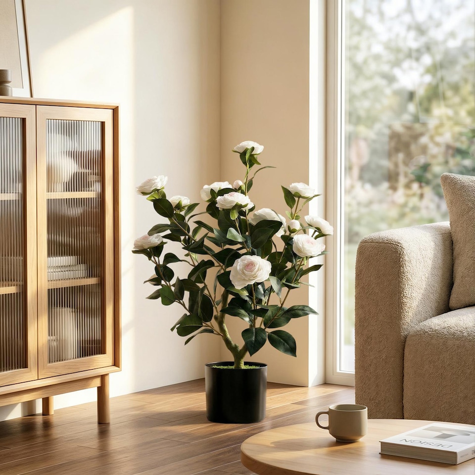 image 1 of HOMCOM 65cm Artificial Camellia Flower Plant with 116 Lush Leaves