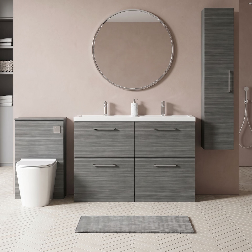 image 1 of Balterley Level Floor Standing 4 Drawer Vanity Unit with Double Basin for Modern Bathroom Storage | Grey | Anthracite Woodgrain