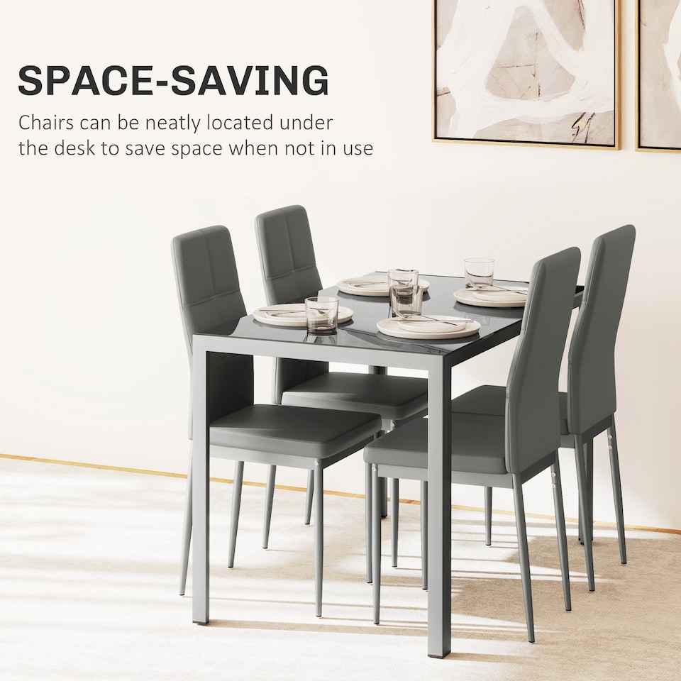 image 1 of HOMCOM 5-Piece Kitchen Dining Table Set with 4 Faux Leather Metal Frame Chairs Glass Tabletop Desk for Dining Room, Kitchen, Dinette, Grey