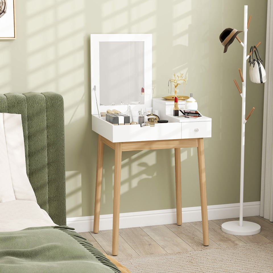 image 1 of HOMCOM Dressing Table with Flip-up Mirror, Makeup Desk with 2 Drawers and Pine Wood Legs, Vanity Table Writing Desk for Bedroom Living Room, White