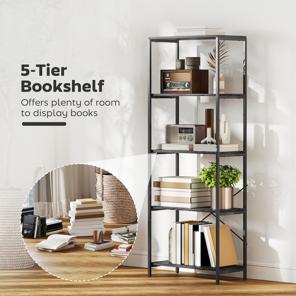 image 1 of HOMCOM 5-Tier Bookshelf, Industrial Bookcase, Floor Standing Book Shelf with Metal Frame, Open Display Shelving Unit for Living Room, Home Office and Bedroom, Dark Grey and Black | Black | Dark Grey and Black
