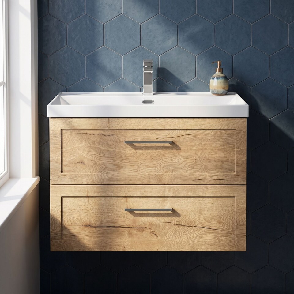 image 1 of Stonnall Traditional Wall Hung 2 Drawers Vanity Unit with Thin-Edge Ceramic Basin, 800mm, Autumn Oak