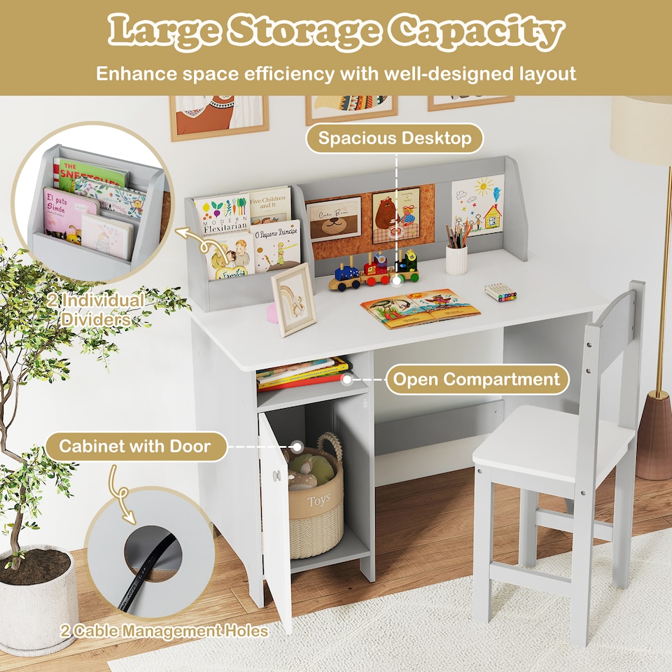 image 1 of COSTWAY Kids Table and Chair Set Children Study Table With  Hutch-Grey