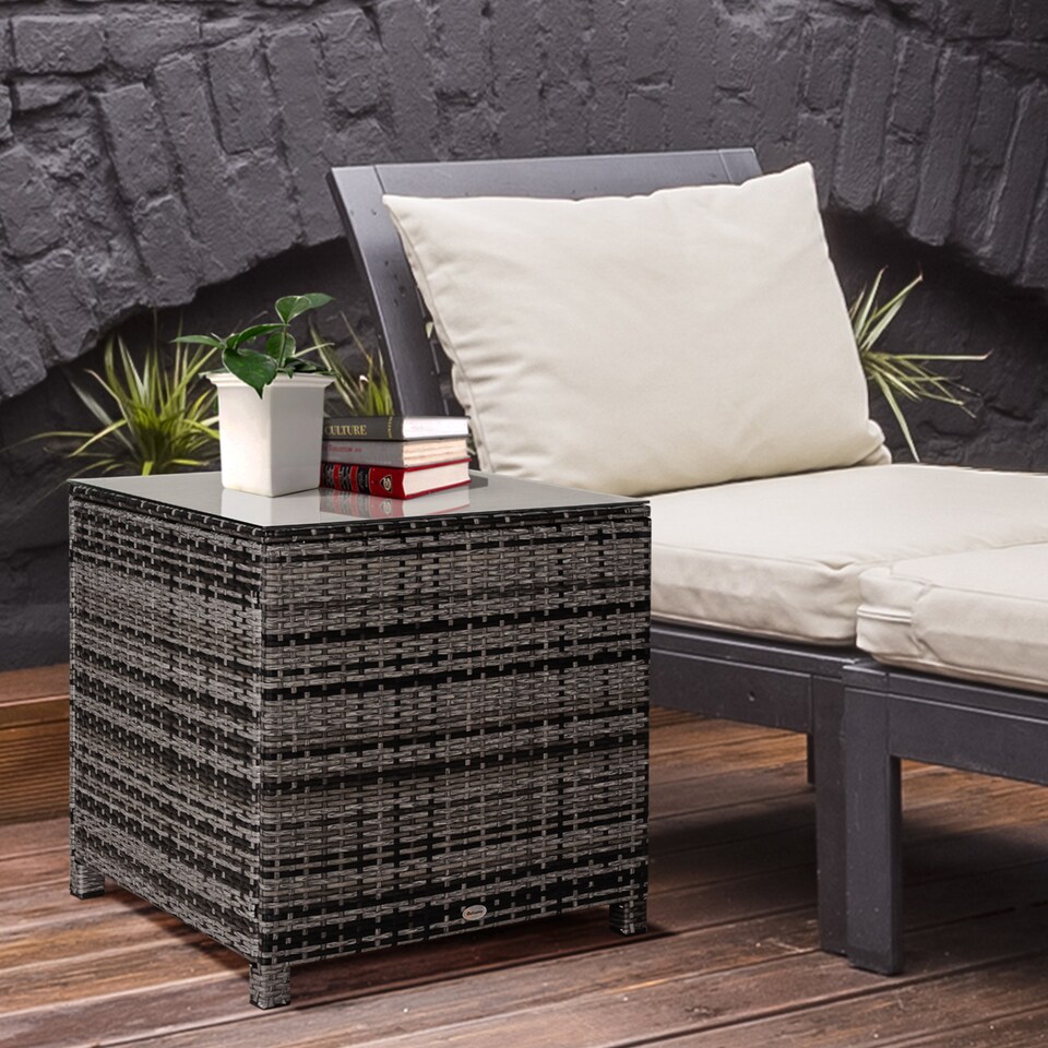 image 1 of Outsunny Patio PE Rattan Side Table, Square Outdoor Coffee Table w Tempered Glass Top, Mixed Grey