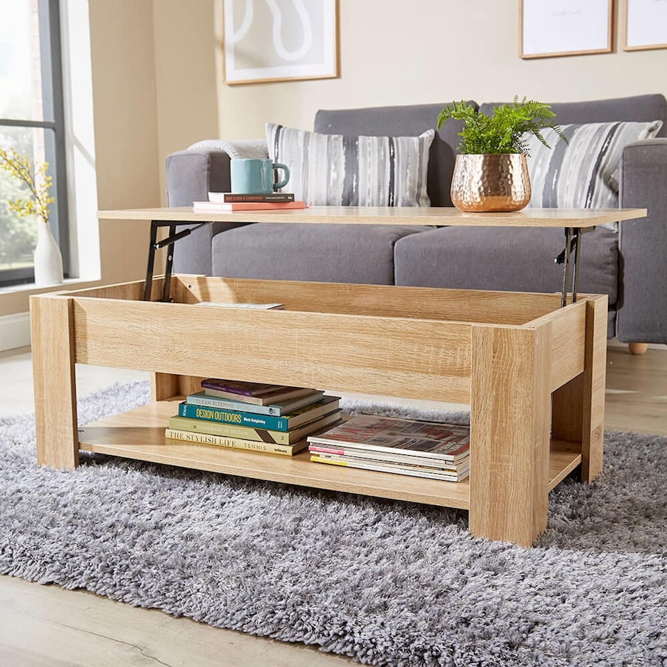 image 1 of Wooden Coffee Table With Lift Up Top Storage Area and Magazine Shelf | Brown