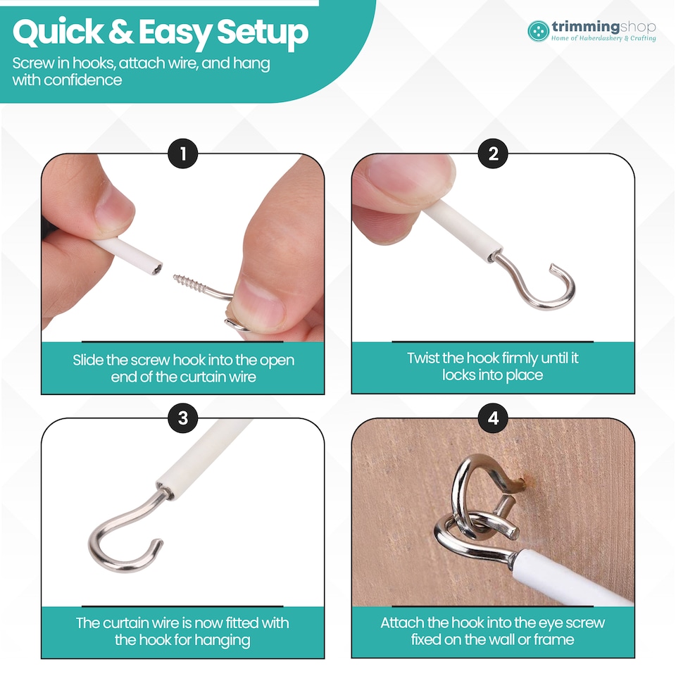 image 1 of White Net Curtain Wire & Hook Set, 2m Curtain Cord with 6 Hooks & 6 Eyes