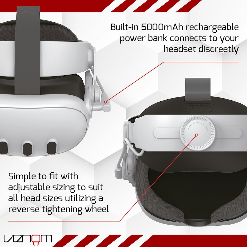 image 1 of Venom Power Strap for Meta Quest 3 - Padded Headstrap with Integrated Power Bank White | Grey