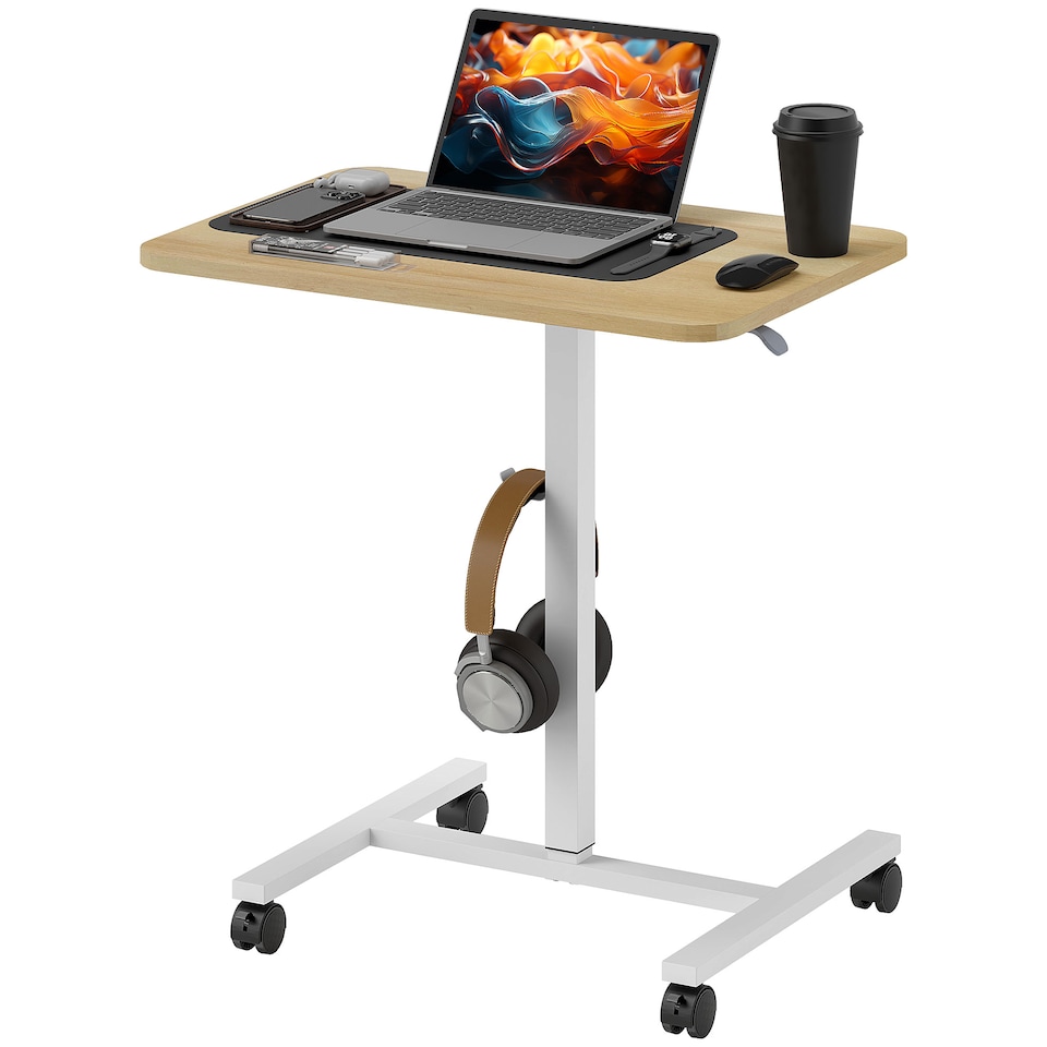 image 1 of HOMCOM Height Adjustable Standing Desk, Pneumatic Sit Stand Desk for Laptop, Mobile Overbed Table with Wheels and Headphone Hook for Home Office, Natural Wood Finish