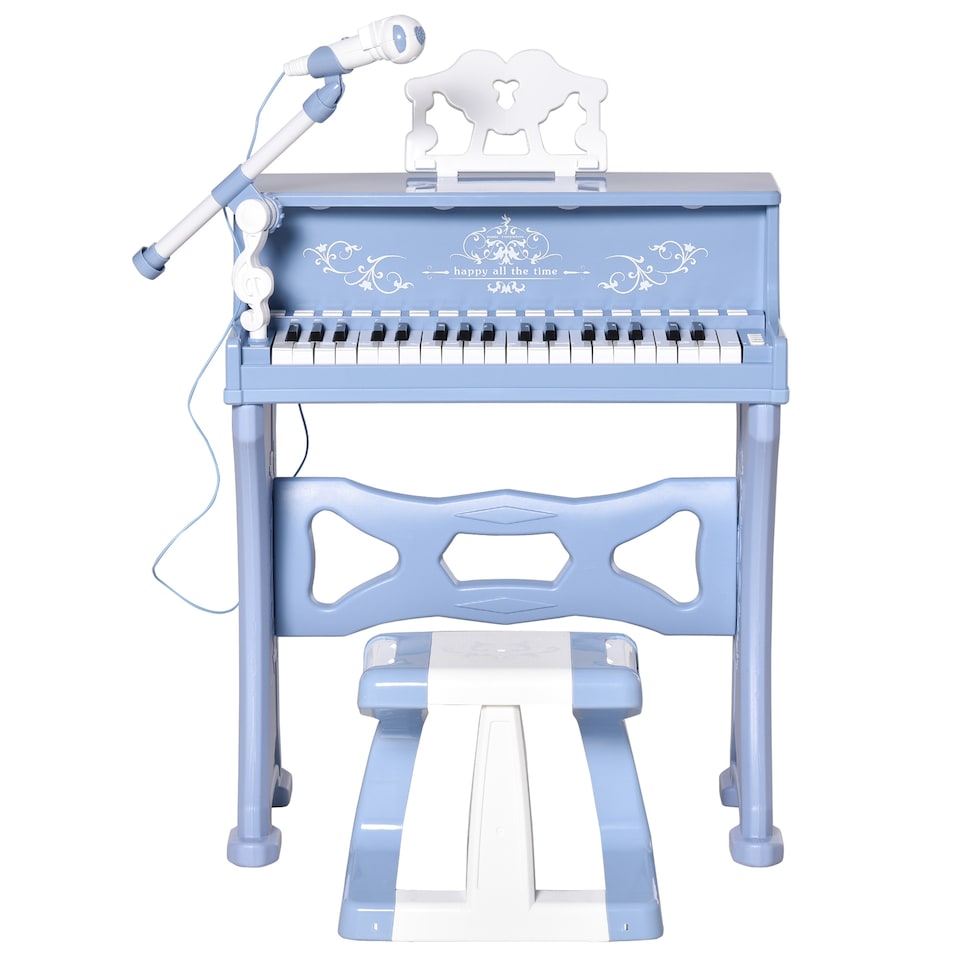 image 1 of HOMCOM 37 Keys Kids Piano Mini Electronic Keyboard Light Kids Musical Instrument Educational Game Children Grand Piano Toy Set with Stool and Microphone & Music Stand (Blue)