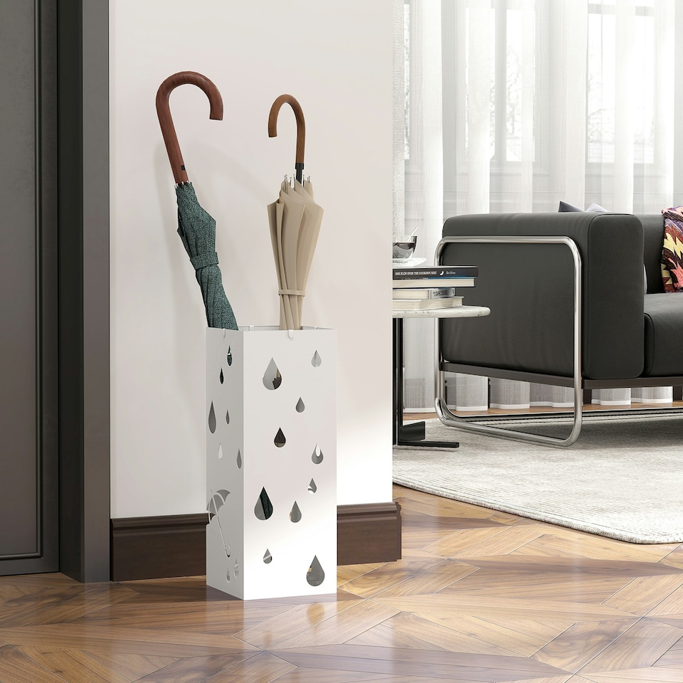 image 1 of HOMCOM Metal Umbrella Stand, Square Umbrella Basket with 4 Hooks Drip Tray White